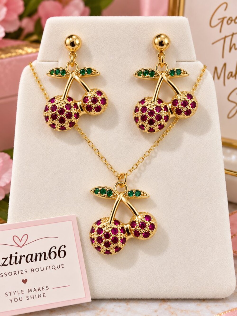 14K Laminated Gold Fashion Jewelry Gold Cherry Earring and Pendant Set